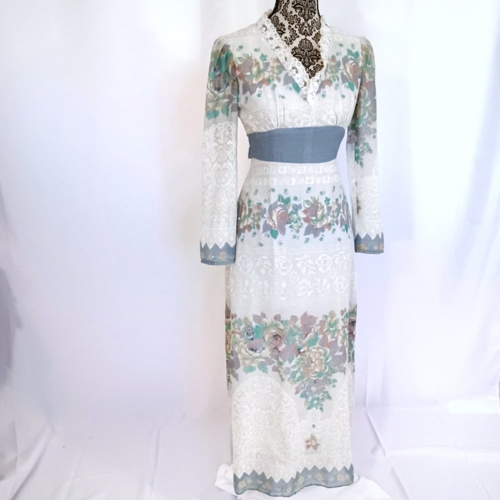 VINTAGE 70's Floral Voile LS High Waist Cottagecore Prairie Maxi Dress XS - Picture 4 of 5